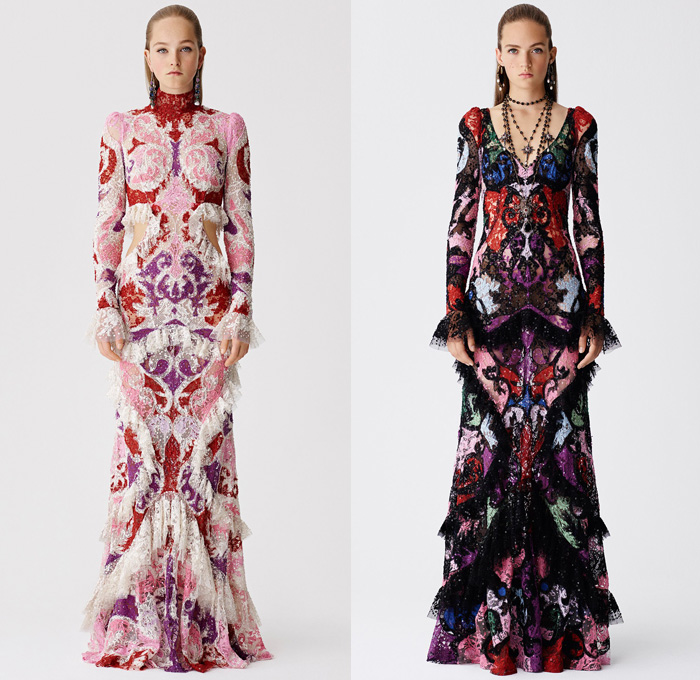 Alexander McQueen 2017 Resort Cruise Pre-Spring Womens Lookbook Presentation - Hand-Painted Hand Loom Engineered Floral Flowers Tablecloth Exploded Patchwork Leather Carnations Yellow Roses Peonies Poppies Broderie Anglaise Sequins Beads Caravan Embroidery Tweed Boots Skirt Frock Miniskirt Belted Waist Bedazzled Metallic Studs Sequins Knitwear Outerwear Jacket Coatdress Cloak Hanging Sleeve Dress Sheer Chiffon Lace Motorcycle Biker Jacket Wide Belt Tiered Handbag