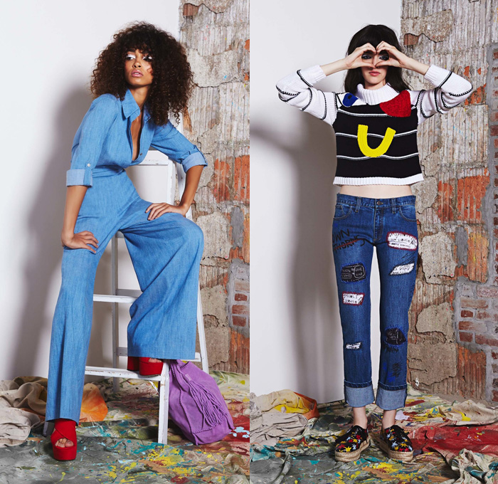 alice + olivia 2017 Resort Cruise Pre-Spring Womens Lookbook Presentation - Basquiat Graffiti Paintings Patchwork Denim Jeans Chambray Flowers Floral Motif Wide Leg Trousers Palazzo Pants Blouse Pop Art Chunky Knit Sweater Turtleneck Onesie Jumpsuit Coveralls Cape Sleeveless Bomber Moto Biker Jacket Stripes Dress Sheer Chiffon Lace Embroidery Embellishments Bedazzled Skirt Frock Handbag Espadrilles Sneakers