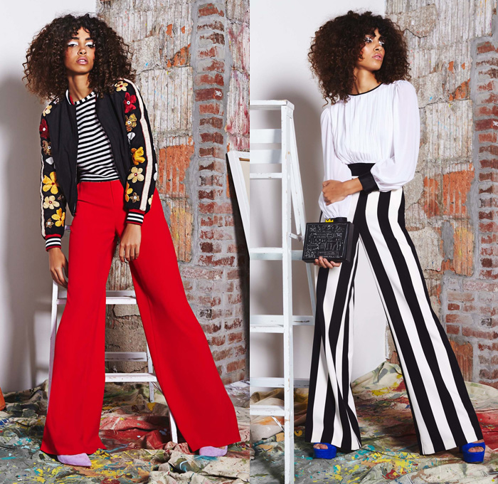 alice + olivia 2017 Resort Cruise Pre-Spring Womens Lookbook Presentation - Basquiat Graffiti Paintings Patchwork Denim Jeans Chambray Flowers Floral Motif Wide Leg Trousers Palazzo Pants Blouse Pop Art Chunky Knit Sweater Turtleneck Onesie Jumpsuit Coveralls Cape Sleeveless Bomber Moto Biker Jacket Stripes Dress Sheer Chiffon Lace Embroidery Embellishments Bedazzled Skirt Frock Handbag Espadrilles Sneakers