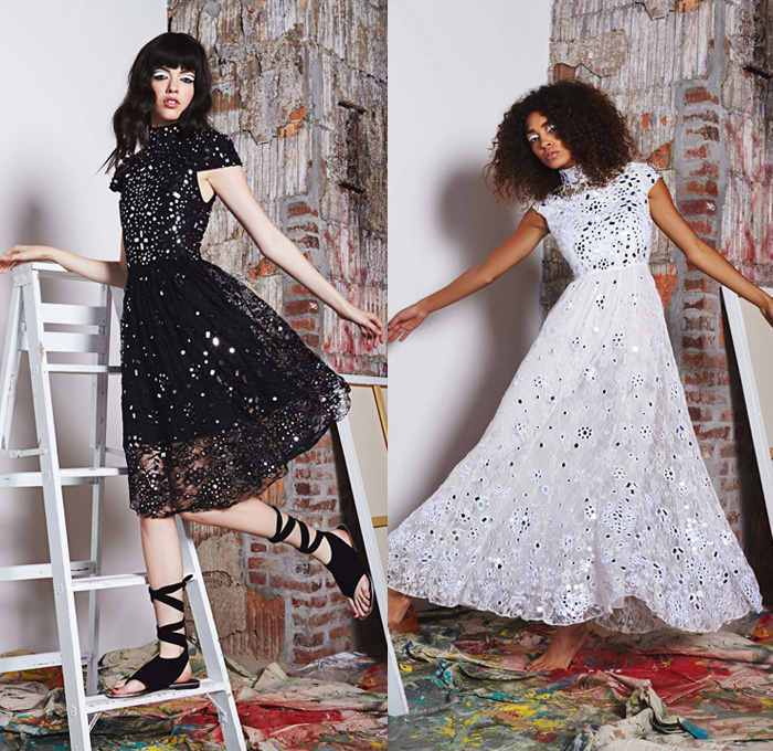 alice + olivia 2017 Resort Cruise Pre-Spring Womens Lookbook Presentation - Basquiat Graffiti Paintings Patchwork Denim Jeans Chambray Flowers Floral Motif Wide Leg Trousers Palazzo Pants Blouse Pop Art Chunky Knit Sweater Turtleneck Onesie Jumpsuit Coveralls Cape Sleeveless Bomber Moto Biker Jacket Stripes Dress Sheer Chiffon Lace Embroidery Embellishments Bedazzled Skirt Frock Handbag Espadrilles Sneakers