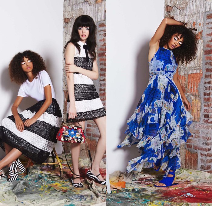 alice + olivia 2017 Resort Cruise Pre-Spring Womens Lookbook Presentation - Basquiat Graffiti Paintings Patchwork Denim Jeans Chambray Flowers Floral Motif Wide Leg Trousers Palazzo Pants Blouse Pop Art Chunky Knit Sweater Turtleneck Onesie Jumpsuit Coveralls Cape Sleeveless Bomber Moto Biker Jacket Stripes Dress Sheer Chiffon Lace Embroidery Embellishments Bedazzled Skirt Frock Handbag Espadrilles Sneakers
