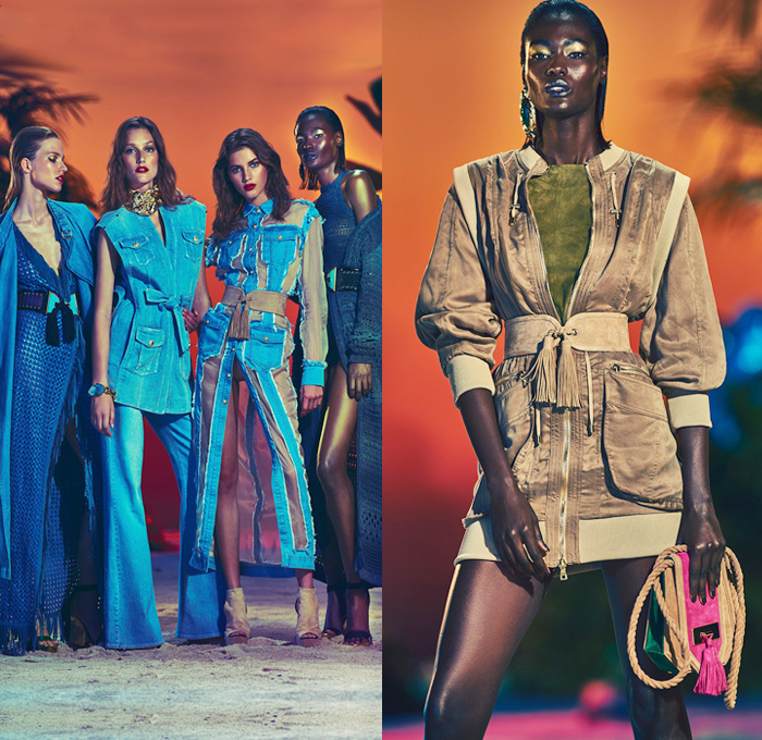 Balmain 2017 Resort Cruise Pre-Spring Womens Lookbook Presentation - Patchwork Denim Jeans Embroidery Bedazzled Metallic Fringes Frayed Raw Hem Tassels Sheer Chiffon Basketweave Knit Sleeveless Cargo Pockets Cloak Cape Wide Leg Trousers Palazzo Pants Flare High Slit Wide Belt Zipper Coatdress Skirt Frock Drawstring Bomber Jacket Suede Leather Mesh Patchwork Ruffles Balloon Sleeves Silk Satin Wrap Kimono Gown Eveningwear Handbag