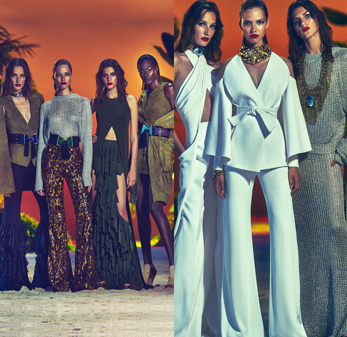 Balmain 2017 Resort Cruise Pre-Spring Womens Lookbook Presentation - Patchwork Denim Jeans Embroidery Bedazzled Metallic Fringes Frayed Raw Hem Tassels Sheer Chiffon Basketweave Knit Sleeveless Cargo Pockets Cloak Cape Wide Leg Trousers Palazzo Pants Flare High Slit Wide Belt Zipper Coatdress Skirt Frock Drawstring Bomber Jacket Suede Leather Mesh Patchwork Ruffles Balloon Sleeves Silk Satin Wrap Kimono Gown Eveningwear Handbag