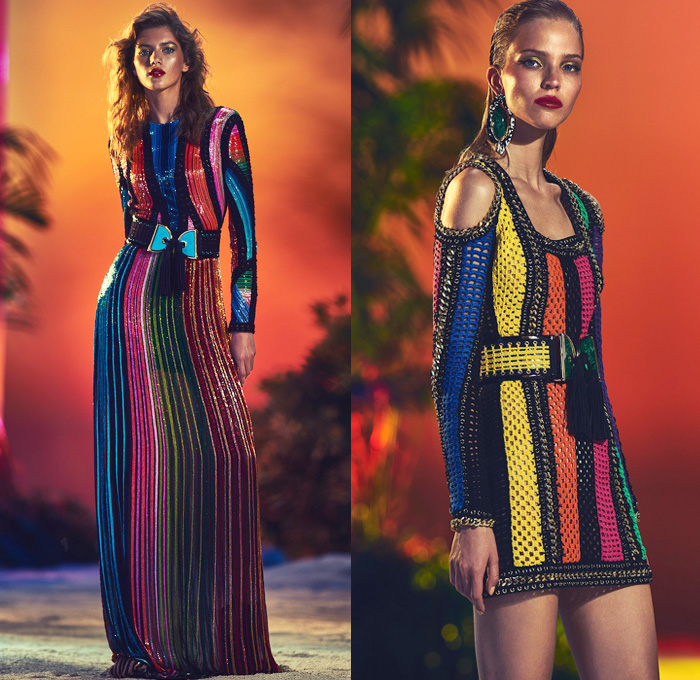 Balmain 2017 Resort Cruise Pre-Spring Womens Lookbook Presentation - Patchwork Denim Jeans Embroidery Bedazzled Metallic Fringes Frayed Raw Hem Tassels Sheer Chiffon Basketweave Knit Sleeveless Cargo Pockets Cloak Cape Wide Leg Trousers Palazzo Pants Flare High Slit Wide Belt Zipper Coatdress Skirt Frock Drawstring Bomber Jacket Suede Leather Mesh Patchwork Ruffles Balloon Sleeves Silk Satin Wrap Kimono Gown Eveningwear Handbag