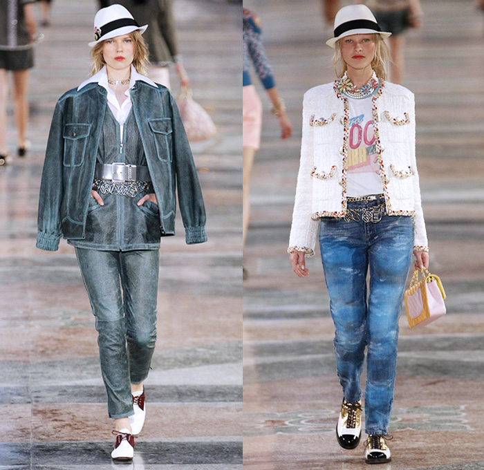 Chanel 2017 Resort Cruise Pre-Spring Womens Runway Catwalk Looks Collection Karl Lagerfeld - Havana Cuba Denim Jeans Fedora Straw Hat Vintage Cars Beret Brogues Lace Organza Tweed 1950s Fifties Embroidery Bedazzled Jewels Sequins Jacket Blazer Sheer Chiffon Mesh Halterneck Crochet Weave Knitwear Shorts Fringes Maxi Dress Birds Parrot Ruffles Pleats Flowers Floral Wide Leg Palazzo Pants Necktie Tutu Brooch Blouse Stripes