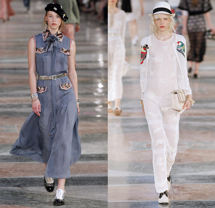 Chanel 2017 Resort Cruise Pre-Spring Womens Runway Catwalk Looks Collection Karl Lagerfeld - Havana Cuba Denim Jeans Fedora Straw Hat Vintage Cars Beret Brogues Lace Organza Tweed 1950s Fifties Embroidery Bedazzled Jewels Sequins Jacket Blazer Sheer Chiffon Mesh Halterneck Crochet Weave Knitwear Shorts Fringes Maxi Dress Birds Parrot Ruffles Pleats Flowers Floral Wide Leg Palazzo Pants Necktie Tutu Brooch Blouse Stripes