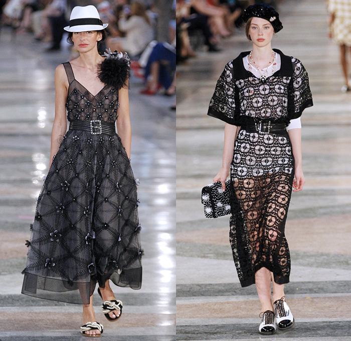 Chanel 2017 Resort Cruise Pre-Spring Womens Runway Catwalk Looks Collection Karl Lagerfeld - Havana Cuba Denim Jeans Fedora Straw Hat Vintage Cars Beret Brogues Lace Organza Tweed 1950s Fifties Embroidery Bedazzled Jewels Sequins Jacket Blazer Sheer Chiffon Mesh Halterneck Crochet Weave Knitwear Shorts Fringes Maxi Dress Birds Parrot Ruffles Pleats Flowers Floral Wide Leg Palazzo Pants Necktie Tutu Brooch Blouse Stripes