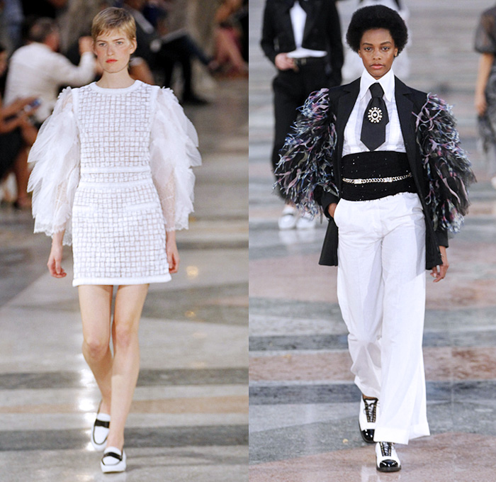 Chanel 2017 Resort Cruise Pre-Spring Womens Runway Catwalk Looks Collection Karl Lagerfeld - Havana Cuba Denim Jeans Fedora Straw Hat Vintage Cars Beret Brogues Lace Organza Tweed 1950s Fifties Embroidery Bedazzled Jewels Sequins Jacket Blazer Sheer Chiffon Mesh Halterneck Crochet Weave Knitwear Shorts Fringes Maxi Dress Birds Parrot Ruffles Pleats Flowers Floral Wide Leg Palazzo Pants Necktie Tutu Brooch Blouse Stripes