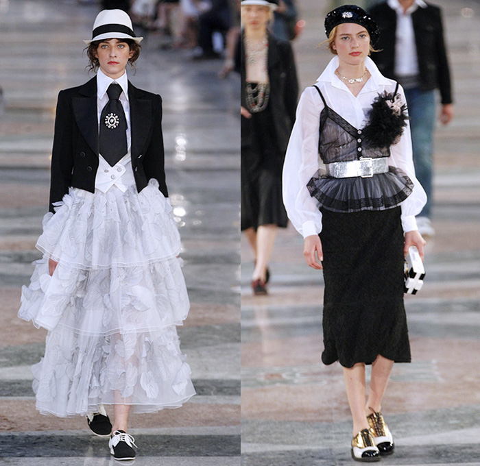 Chanel 2017 Resort Cruise Pre-Spring Womens Runway Catwalk Looks Collection Karl Lagerfeld - Havana Cuba Denim Jeans Fedora Straw Hat Vintage Cars Beret Brogues Lace Organza Tweed 1950s Fifties Embroidery Bedazzled Jewels Sequins Jacket Blazer Sheer Chiffon Mesh Halterneck Crochet Weave Knitwear Shorts Fringes Maxi Dress Birds Parrot Ruffles Pleats Flowers Floral Wide Leg Palazzo Pants Necktie Tutu Brooch Blouse Stripes