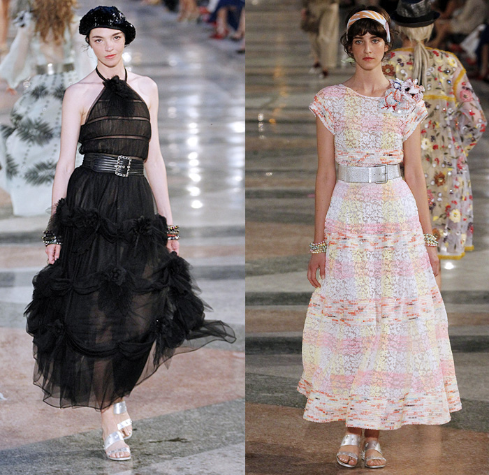 Chanel 2017 Resort Cruise Pre-Spring Womens Runway Catwalk Looks Collection Karl Lagerfeld - Havana Cuba Denim Jeans Fedora Straw Hat Vintage Cars Beret Brogues Lace Organza Tweed 1950s Fifties Embroidery Bedazzled Jewels Sequins Jacket Blazer Sheer Chiffon Mesh Halterneck Crochet Weave Knitwear Shorts Fringes Maxi Dress Birds Parrot Ruffles Pleats Flowers Floral Wide Leg Palazzo Pants Necktie Tutu Brooch Blouse Stripes