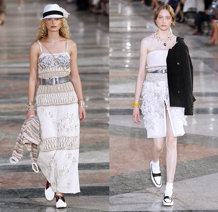 Chanel 2017 Resort Cruise Pre-Spring Womens Runway Catwalk Looks Collection Karl Lagerfeld - Havana Cuba Denim Jeans Fedora Straw Hat Vintage Cars Beret Brogues Lace Organza Tweed 1950s Fifties Embroidery Bedazzled Jewels Sequins Jacket Blazer Sheer Chiffon Mesh Halterneck Crochet Weave Knitwear Shorts Fringes Maxi Dress Birds Parrot Ruffles Pleats Flowers Floral Wide Leg Palazzo Pants Necktie Tutu Brooch Blouse Stripes