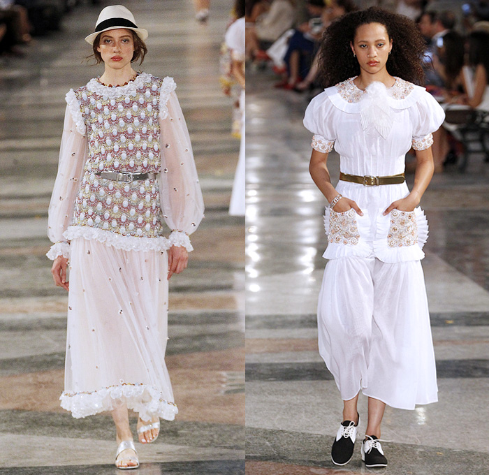 Chanel 2017 Resort Cruise Pre-Spring Womens Runway Catwalk Looks Collection Karl Lagerfeld - Havana Cuba Denim Jeans Fedora Straw Hat Vintage Cars Beret Brogues Lace Organza Tweed 1950s Fifties Embroidery Bedazzled Jewels Sequins Jacket Blazer Sheer Chiffon Mesh Halterneck Crochet Weave Knitwear Shorts Fringes Maxi Dress Birds Parrot Ruffles Pleats Flowers Floral Wide Leg Palazzo Pants Necktie Tutu Brooch Blouse Stripes