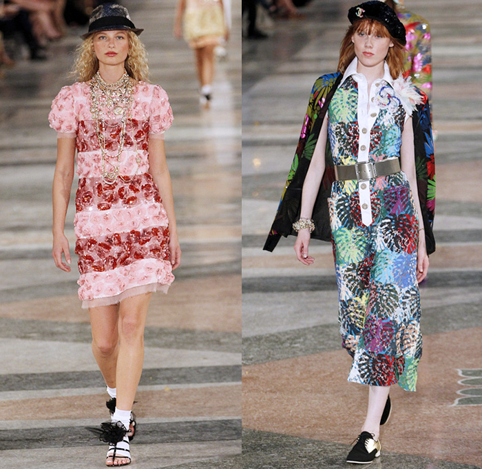 Chanel 2017 Resort Cruise Pre-Spring Womens Runway Catwalk Looks Collection Karl Lagerfeld - Havana Cuba Denim Jeans Fedora Straw Hat Vintage Cars Beret Brogues Lace Organza Tweed 1950s Fifties Embroidery Bedazzled Jewels Sequins Jacket Blazer Sheer Chiffon Mesh Halterneck Crochet Weave Knitwear Shorts Fringes Maxi Dress Birds Parrot Ruffles Pleats Flowers Floral Wide Leg Palazzo Pants Necktie Tutu Brooch Blouse Stripes