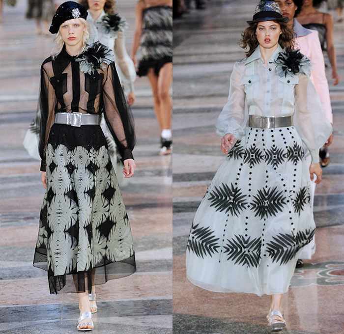 Chanel 2017 Resort Cruise Pre-Spring Womens Runway Catwalk Looks Collection Karl Lagerfeld - Havana Cuba Denim Jeans Fedora Straw Hat Vintage Cars Beret Brogues Lace Organza Tweed 1950s Fifties Embroidery Bedazzled Jewels Sequins Jacket Blazer Sheer Chiffon Mesh Halterneck Crochet Weave Knitwear Shorts Fringes Maxi Dress Birds Parrot Ruffles Pleats Flowers Floral Wide Leg Palazzo Pants Necktie Tutu Brooch Blouse Stripes