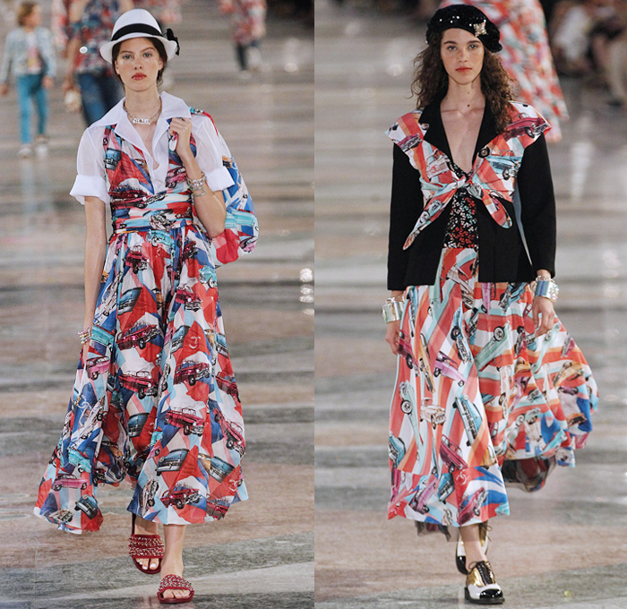 Chanel 2017 Resort Cruise Pre-Spring Womens Runway Catwalk Looks Collection Karl Lagerfeld - Havana Cuba Denim Jeans Fedora Straw Hat Vintage Cars Beret Brogues Lace Organza Tweed 1950s Fifties Embroidery Bedazzled Jewels Sequins Jacket Blazer Sheer Chiffon Mesh Halterneck Crochet Weave Knitwear Shorts Fringes Maxi Dress Birds Parrot Ruffles Pleats Flowers Floral Wide Leg Palazzo Pants Necktie Tutu Brooch Blouse Stripes