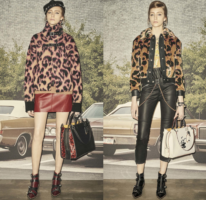 Coach 1941 2017 Resort Cruise Pre-Spring Womens Lookbook Presentation - Animal Leopard Cheetah Furry Leather Western Miniskirt Belts Straps Outerwear Coat Cropped Pants Chain Bomber Jacket Ornamental Maxi Dress Motorcycle Biker Jacket Birds Car Auto Z41 Coupe Sheer Chiffon Flowers Floral Crossbones Panels Wide Belt Rocketship Stars Embroidery Studs Sequins Colorblock Tote Bag Handbag Crossbody