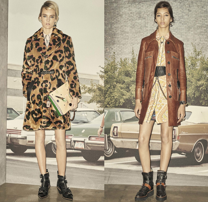 Coach 1941 2017 Resort Cruise Pre-Spring Womens Lookbook Presentation - Animal Leopard Cheetah Furry Leather Western Miniskirt Belts Straps Outerwear Coat Cropped Pants Chain Bomber Jacket Ornamental Maxi Dress Motorcycle Biker Jacket Birds Car Auto Z41 Coupe Sheer Chiffon Flowers Floral Crossbones Panels Wide Belt Rocketship Stars Embroidery Studs Sequins Colorblock Tote Bag Handbag Crossbody