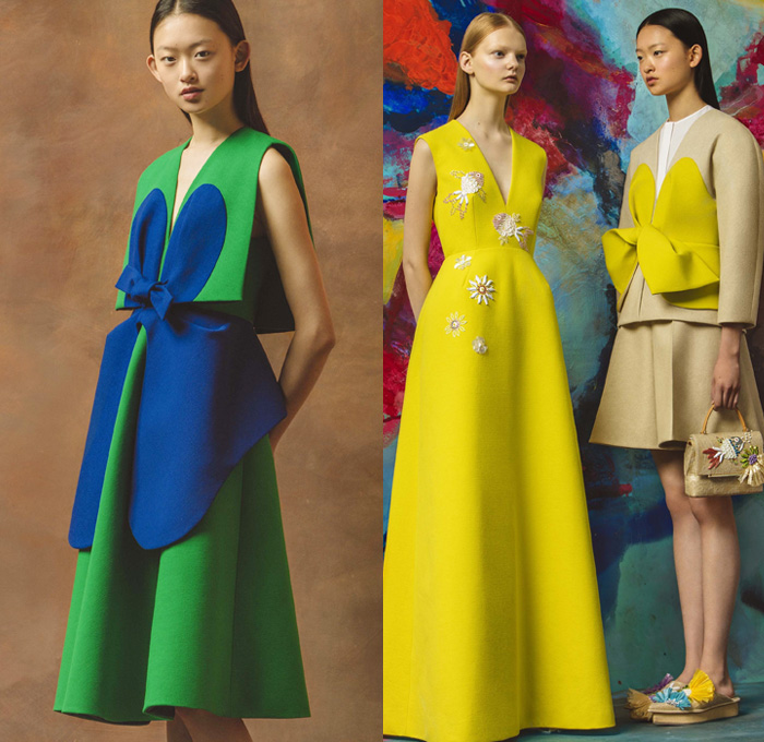 DELPOZO 2017 Resort Cruise Pre-Spring Womens Lookbook Presentation - Structured Petal Shapes Stars Flowers Floral Embroidery Tapestry Raffia Jacquard Wide Lapel Poodle Circle Skirt Knit Sweater Sheer Chiffon Layers Tiered Wide Leg Trousers Palazzo Pants Adornments Bedazzled Blouse Ruffles Bow Ribbon Outerwear Robe Coat Jacket Maxi Dress Goddess Gown Eveningwear Bell Sleeves Clogs Platforms Stripes Pajamas Lining Handbag Clutch Purse