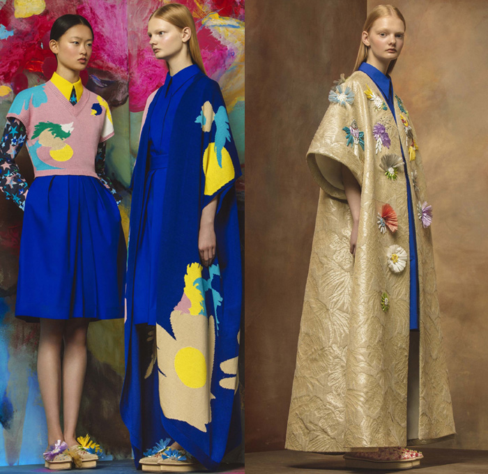 DELPOZO 2017 Resort Cruise Pre-Spring Womens Lookbook Presentation - Structured Petal Shapes Stars Flowers Floral Embroidery Tapestry Raffia Jacquard Wide Lapel Poodle Circle Skirt Knit Sweater Sheer Chiffon Layers Tiered Wide Leg Trousers Palazzo Pants Adornments Bedazzled Blouse Ruffles Bow Ribbon Outerwear Robe Coat Jacket Maxi Dress Goddess Gown Eveningwear Bell Sleeves Clogs Platforms Stripes Pajamas Lining Handbag Clutch Purse