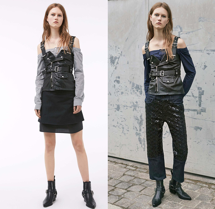 Diesel Black Gold 2017 Resort Cruise Pre-Spring Womens Lookbook Presentation Collection - Denim Jeans Multi-Panel Motorcycle Biker Leather Pinafore Top Dress Strapless Sheer Chiffon Stripes Lace Shirtdress Miniskirt Asymmetrical Hem Mesh Cutout Open Shoulders Gladiator Sandals Cargo Pockets Bomber Jacket Zipper Noodle Spaghetti Strap