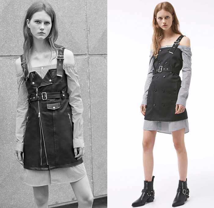 Diesel Black Gold 2017 Resort Cruise Pre-Spring Womens Lookbook Presentation Collection - Denim Jeans Multi-Panel Motorcycle Biker Leather Pinafore Top Dress Strapless Sheer Chiffon Stripes Lace Shirtdress Miniskirt Asymmetrical Hem Mesh Cutout Open Shoulders Gladiator Sandals Cargo Pockets Bomber Jacket Zipper Noodle Spaghetti Strap