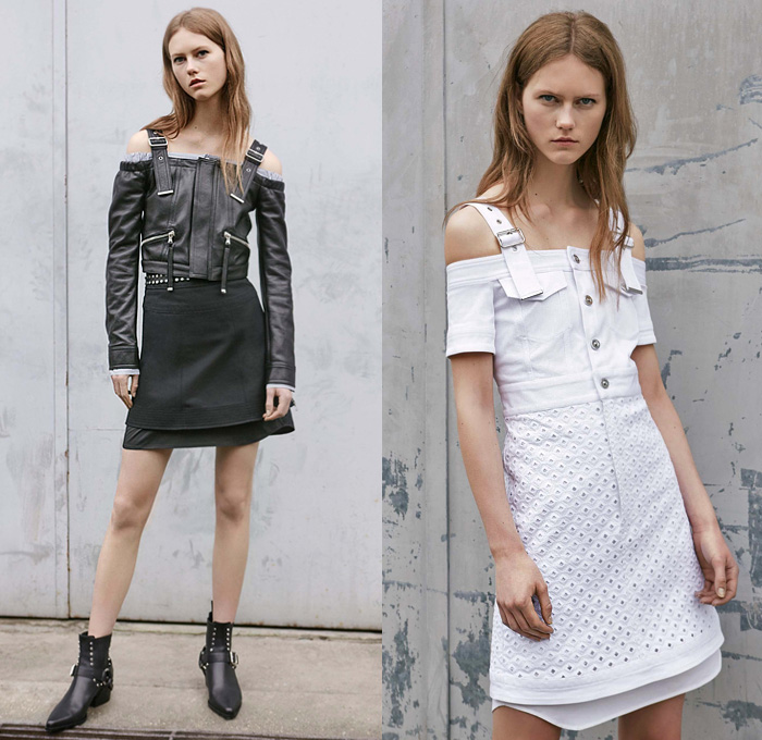 Diesel Black Gold 2017 Resort Cruise Pre-Spring Womens Lookbook Presentation Collection - Denim Jeans Multi-Panel Motorcycle Biker Leather Pinafore Top Dress Strapless Sheer Chiffon Stripes Lace Shirtdress Miniskirt Asymmetrical Hem Mesh Cutout Open Shoulders Gladiator Sandals Cargo Pockets Bomber Jacket Zipper Noodle Spaghetti Strap