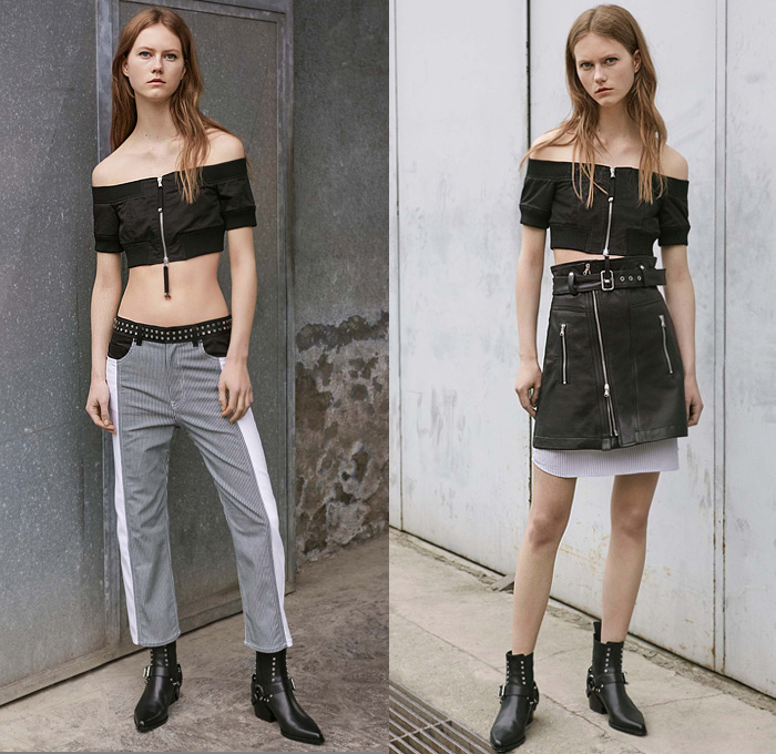 Diesel Black Gold 2017 Resort Cruise Pre-Spring Womens Lookbook Presentation Collection - Denim Jeans Multi-Panel Motorcycle Biker Leather Pinafore Top Dress Strapless Sheer Chiffon Stripes Lace Shirtdress Miniskirt Asymmetrical Hem Mesh Cutout Open Shoulders Gladiator Sandals Cargo Pockets Bomber Jacket Zipper Noodle Spaghetti Strap