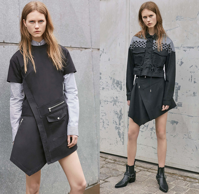 Diesel Black Gold 2017 Resort Cruise Pre-Spring Womens Lookbook Presentation Collection - Denim Jeans Multi-Panel Motorcycle Biker Leather Pinafore Top Dress Strapless Sheer Chiffon Stripes Lace Shirtdress Miniskirt Asymmetrical Hem Mesh Cutout Open Shoulders Gladiator Sandals Cargo Pockets Bomber Jacket Zipper Noodle Spaghetti Strap