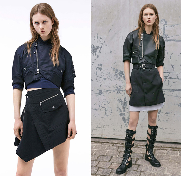 Diesel Black Gold 2017 Resort Cruise Pre-Spring Womens Lookbook Presentation Collection - Denim Jeans Multi-Panel Motorcycle Biker Leather Pinafore Top Dress Strapless Sheer Chiffon Stripes Lace Shirtdress Miniskirt Asymmetrical Hem Mesh Cutout Open Shoulders Gladiator Sandals Cargo Pockets Bomber Jacket Zipper Noodle Spaghetti Strap