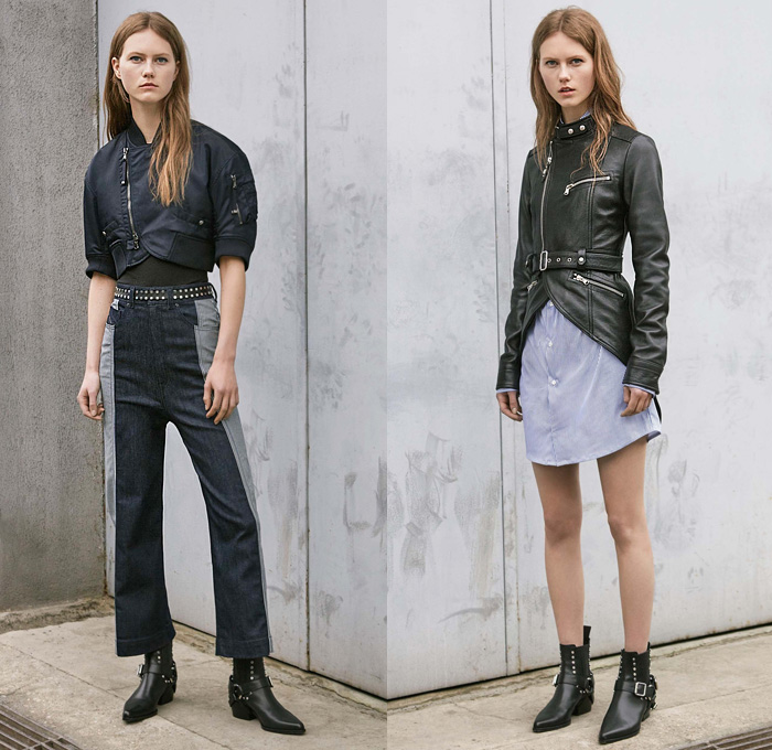 Diesel Black Gold 2017 Resort Cruise Pre-Spring Womens Lookbook Presentation Collection - Denim Jeans Multi-Panel Motorcycle Biker Leather Pinafore Top Dress Strapless Sheer Chiffon Stripes Lace Shirtdress Miniskirt Asymmetrical Hem Mesh Cutout Open Shoulders Gladiator Sandals Cargo Pockets Bomber Jacket Zipper Noodle Spaghetti Strap