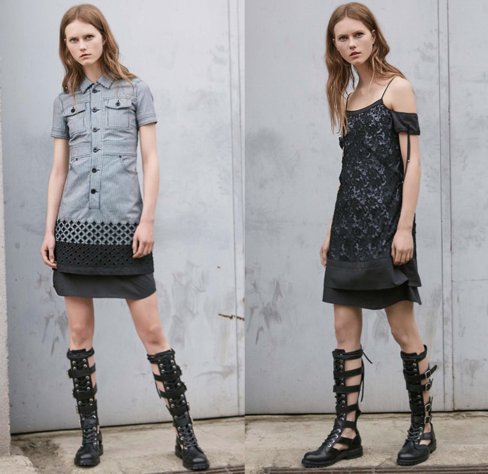 Diesel Black Gold 2017 Resort Cruise Pre-Spring Womens Lookbook Presentation Collection - Denim Jeans Multi-Panel Motorcycle Biker Leather Pinafore Top Dress Strapless Sheer Chiffon Stripes Lace Shirtdress Miniskirt Asymmetrical Hem Mesh Cutout Open Shoulders Gladiator Sandals Cargo Pockets Bomber Jacket Zipper Noodle Spaghetti Strap