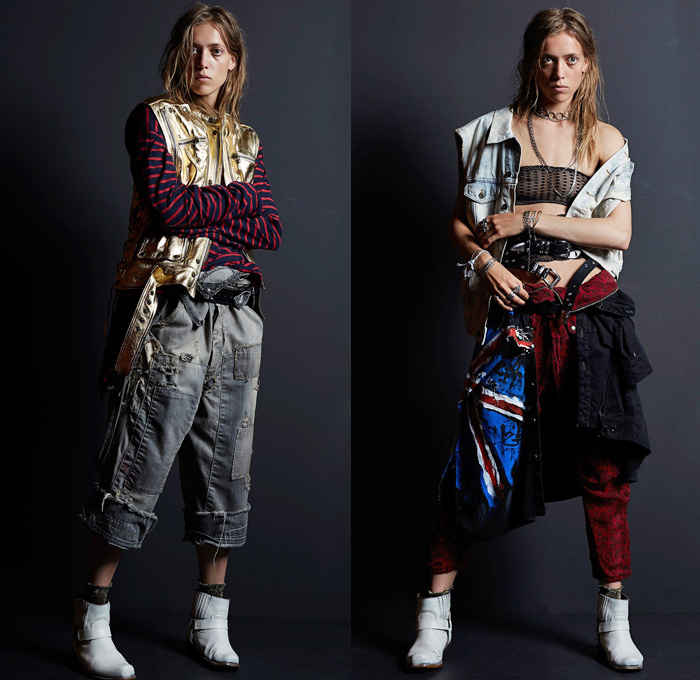 Faith Connexion 2017 Resort Cruise Pre-Spring Womens Lookbook Presentation - Union Jack Flag Frayed Raw Hem Destroyed Destructed Denim Jeans Sheer Chiffon Lace Dress Blouse Leotard Unitard Wrap Lingerie Vest Waistcoat Gilet Sleeveless Cowgirl Boots Western Patchwork Gold Metallic Sweater Stripes Belts Crop Top Midriff Bandeau Animal Jungle Leopard Zebra Fringes Jogger Sweatpants Knit Stars