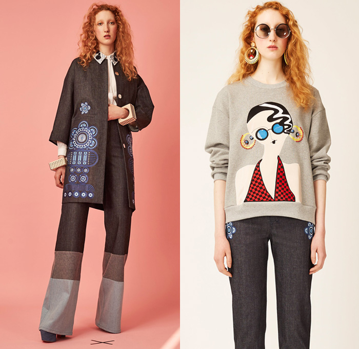 Holly Fulton 2017 Resort Cruise Pre-Spring Womens Lookbook Presentation - Denim Jeans Flare Embroidery Wide Leg Art Deco Illustration Sweater Jumper Bell Bishop Sleeves Pussycat Bow Ribbon Blouse Multi-panel Check Stripes Crop Top Midriff Bandeau Outerwear Coat Ornamental Print Foulard Dress Bedazzled Flowers Floral Accordion Pleats Poodle Circle Skirt 1960s Sixties