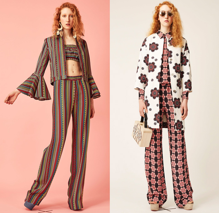 Holly Fulton 2017 Resort Cruise Pre-Spring Womens Lookbook Presentation - Denim Jeans Flare Embroidery Wide Leg Art Deco Illustration Sweater Jumper Bell Bishop Sleeves Pussycat Bow Ribbon Blouse Multi-panel Check Stripes Crop Top Midriff Bandeau Outerwear Coat Ornamental Print Foulard Dress Bedazzled Flowers Floral Accordion Pleats Poodle Circle Skirt 1960s Sixties