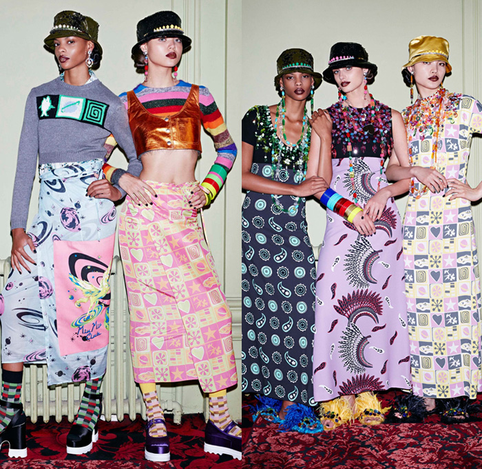 Miu Miu 2017 Resort Cruise Pre-Spring Womens Lookbook Presentation - Nineties 1990s Crop Top Midriff Pop Art Milky Way Galaxy Planets Stars Saturn Hearts Ornamental Print Decorative Art Foulard Flowers Floral Print Skirt Frock Hat Sweater Jumper Silk Satin Maxi Dress Necklace Embroidery Bedazzled Paisley Handbag Tote Backpack Bowling Boots Bucket Hat Wide Leg Trousers Palazzo Pants Sleepwear Pajamas Lounge Plaid Tartan