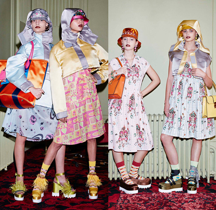 Miu Miu 2017 Resort Cruise Pre-Spring Womens Lookbook Presentation - Nineties 1990s Crop Top Midriff Pop Art Milky Way Galaxy Planets Stars Saturn Hearts Ornamental Print Decorative Art Foulard Flowers Floral Print Skirt Frock Hat Sweater Jumper Silk Satin Maxi Dress Necklace Embroidery Bedazzled Paisley Handbag Tote Backpack Bowling Boots Bucket Hat Wide Leg Trousers Palazzo Pants Sleepwear Pajamas Lounge Plaid Tartan