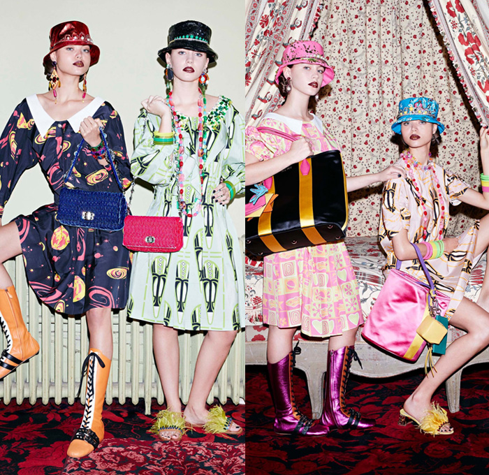 Miu Miu 2017 Resort Cruise Pre-Spring Womens Lookbook Presentation - Nineties 1990s Crop Top Midriff Pop Art Milky Way Galaxy Planets Stars Saturn Hearts Ornamental Print Decorative Art Foulard Flowers Floral Print Skirt Frock Hat Sweater Jumper Silk Satin Maxi Dress Necklace Embroidery Bedazzled Paisley Handbag Tote Backpack Bowling Boots Bucket Hat Wide Leg Trousers Palazzo Pants Sleepwear Pajamas Lounge Plaid Tartan