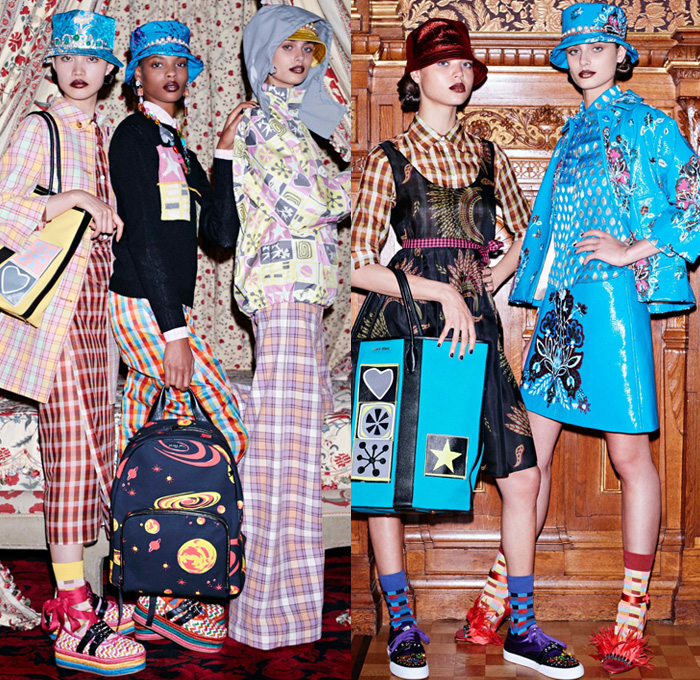 Miu Miu 2017 Resort Cruise Pre-Spring Womens Lookbook Presentation - Nineties 1990s Crop Top Midriff Pop Art Milky Way Galaxy Planets Stars Saturn Hearts Ornamental Print Decorative Art Foulard Flowers Floral Print Skirt Frock Hat Sweater Jumper Silk Satin Maxi Dress Necklace Embroidery Bedazzled Paisley Handbag Tote Backpack Bowling Boots Bucket Hat Wide Leg Trousers Palazzo Pants Sleepwear Pajamas Lounge Plaid Tartan