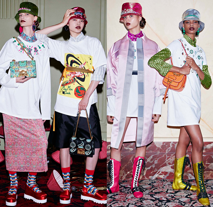 Miu Miu 2017 Resort Cruise Pre-Spring Womens Lookbook Presentation - Nineties 1990s Crop Top Midriff Pop Art Milky Way Galaxy Planets Stars Saturn Hearts Ornamental Print Decorative Art Foulard Flowers Floral Print Skirt Frock Hat Sweater Jumper Silk Satin Maxi Dress Necklace Embroidery Bedazzled Paisley Handbag Tote Backpack Bowling Boots Bucket Hat Wide Leg Trousers Palazzo Pants Sleepwear Pajamas Lounge Plaid Tartan