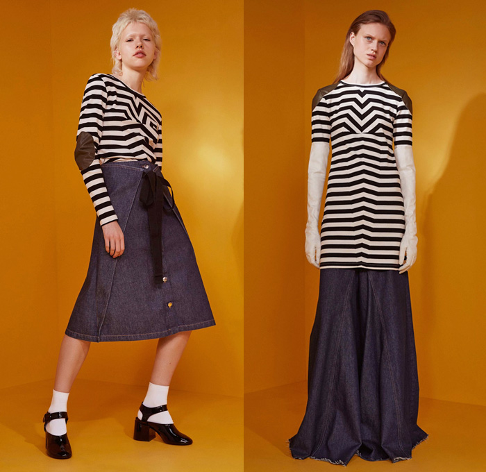 MM6 Maison Margiela 2017 Resort Cruise Pre-Spring Womens Lookbook Presentation - Denim Jeans Stripes Skirt Frock Handkerchief Hem Sweater Frayed Raw Hem Arm Warmers Geometric Oversized Outerwear Coat Leggings Stockings Fishnet Bomber Jacket Accordion Pleats Blouse D-Ring Onesie Jumpsuit Coveralls Boiler Suit Straps Belts Western Shirt Silk Half Panel Pantsuit Metallic Silver Tankdress 