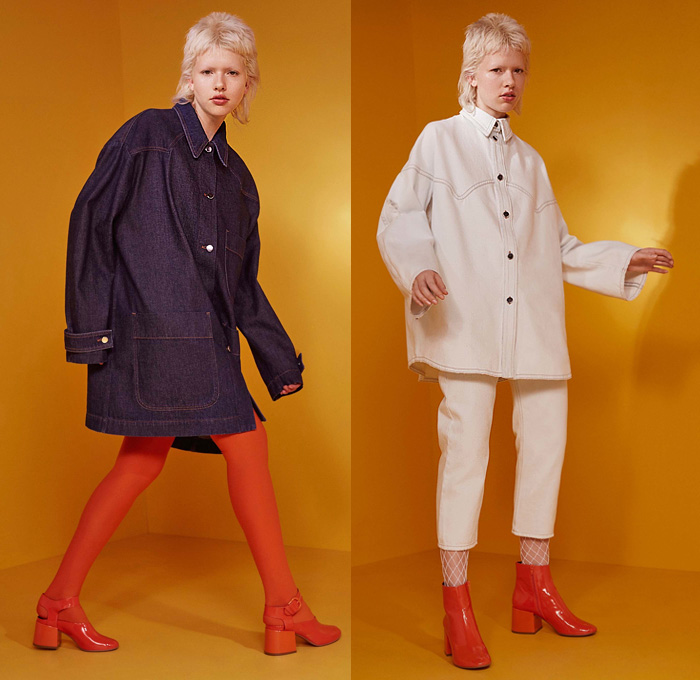 MM6 Maison Margiela 2017 Resort Cruise Pre-Spring Womens Lookbook Presentation - Denim Jeans Stripes Skirt Frock Handkerchief Hem Sweater Frayed Raw Hem Arm Warmers Geometric Oversized Outerwear Coat Leggings Stockings Fishnet Bomber Jacket Accordion Pleats Blouse D-Ring Onesie Jumpsuit Coveralls Boiler Suit Straps Belts Western Shirt Silk Half Panel Pantsuit Metallic Silver Tankdress 