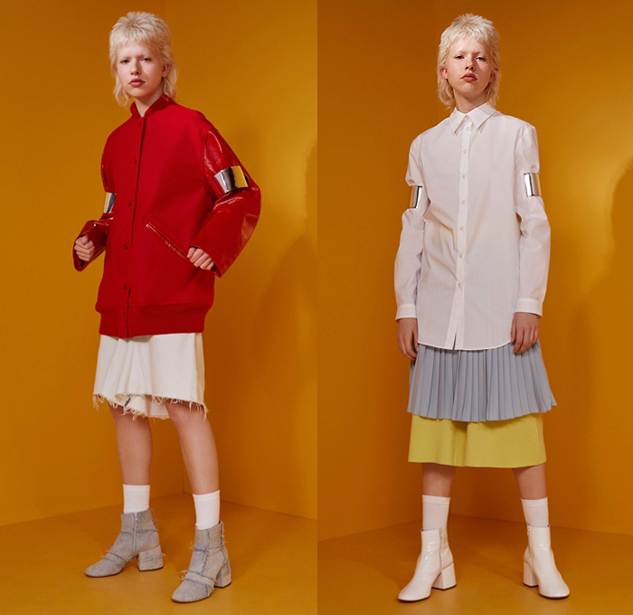 MM6 Maison Margiela 2017 Resort Cruise Pre-Spring Womens Lookbook Presentation - Denim Jeans Stripes Skirt Frock Handkerchief Hem Sweater Frayed Raw Hem Arm Warmers Geometric Oversized Outerwear Coat Leggings Stockings Fishnet Bomber Jacket Accordion Pleats Blouse D-Ring Onesie Jumpsuit Coveralls Boiler Suit Straps Belts Western Shirt Silk Half Panel Pantsuit Metallic Silver Tankdress 