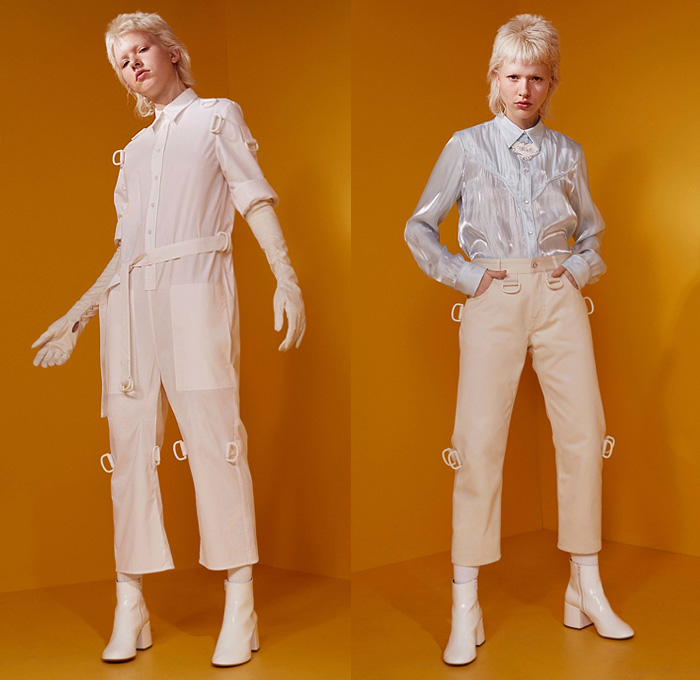 MM6 Maison Margiela 2017 Resort Cruise Pre-Spring Womens Lookbook Presentation - Denim Jeans Stripes Skirt Frock Handkerchief Hem Sweater Frayed Raw Hem Arm Warmers Geometric Oversized Outerwear Coat Leggings Stockings Fishnet Bomber Jacket Accordion Pleats Blouse D-Ring Onesie Jumpsuit Coveralls Boiler Suit Straps Belts Western Shirt Silk Half Panel Pantsuit Metallic Silver Tankdress 