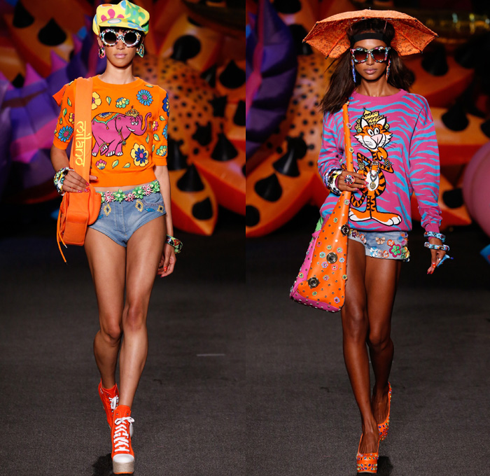 Moschino 2017 Resort Cruise Pre-Spring Womens Runway Catwalk Looks Collection - 1970s Seventies Hippie Tie-Dye Pop Art Animals Flowers Floral Embroidery Embellishments Adornments Bedazzled Jewels Chunky Knit Crochet Weave Boxing Shorts Crop Top Midriff Handbag Pumps Bangles Denim Jeans Cutoffs Boots Floppy Hat Beret Moto Biker Jacket Swimwear Bikini Purse Clutch Ornamental Stripes Tie Up Knot Lace Batwing Dress Leopard Tuxedo Jacket Pantsuit