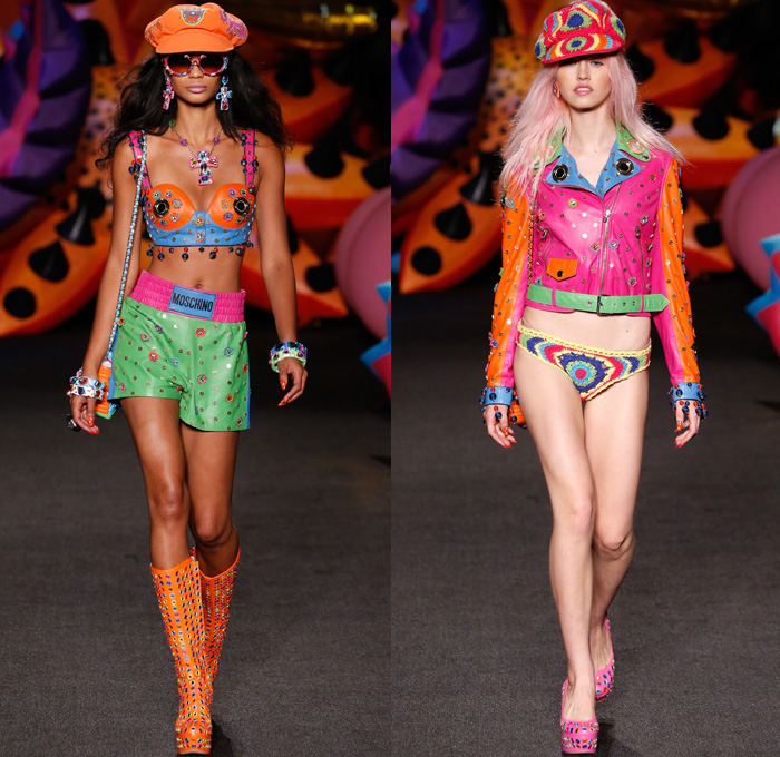 Moschino 2017 Resort Cruise Pre-Spring Womens Runway Catwalk Looks Collection - 1970s Seventies Hippie Tie-Dye Pop Art Animals Flowers Floral Embroidery Embellishments Adornments Bedazzled Jewels Chunky Knit Crochet Weave Boxing Shorts Crop Top Midriff Handbag Pumps Bangles Denim Jeans Cutoffs Boots Floppy Hat Beret Moto Biker Jacket Swimwear Bikini Purse Clutch Ornamental Stripes Tie Up Knot Lace Batwing Dress Leopard Tuxedo Jacket Pantsuit