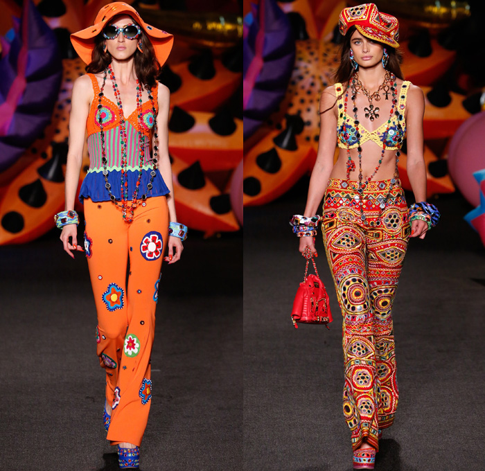 Moschino 2017 Resort Cruise Pre-Spring Womens Runway Catwalk Looks Collection - 1970s Seventies Hippie Tie-Dye Pop Art Animals Flowers Floral Embroidery Embellishments Adornments Bedazzled Jewels Chunky Knit Crochet Weave Boxing Shorts Crop Top Midriff Handbag Pumps Bangles Denim Jeans Cutoffs Boots Floppy Hat Beret Moto Biker Jacket Swimwear Bikini Purse Clutch Ornamental Stripes Tie Up Knot Lace Batwing Dress Leopard Tuxedo Jacket Pantsuit