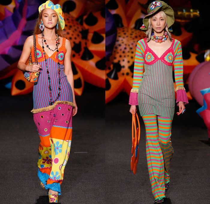 Moschino 2017 Resort Cruise Pre-Spring Womens Runway Catwalk Looks Collection - 1970s Seventies Hippie Tie-Dye Pop Art Animals Flowers Floral Embroidery Embellishments Adornments Bedazzled Jewels Chunky Knit Crochet Weave Boxing Shorts Crop Top Midriff Handbag Pumps Bangles Denim Jeans Cutoffs Boots Floppy Hat Beret Moto Biker Jacket Swimwear Bikini Purse Clutch Ornamental Stripes Tie Up Knot Lace Batwing Dress Leopard Tuxedo Jacket Pantsuit