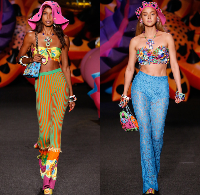 Moschino 2017 Resort Cruise Pre-Spring Womens Runway Catwalk Looks Collection - 1970s Seventies Hippie Tie-Dye Pop Art Animals Flowers Floral Embroidery Embellishments Adornments Bedazzled Jewels Chunky Knit Crochet Weave Boxing Shorts Crop Top Midriff Handbag Pumps Bangles Denim Jeans Cutoffs Boots Floppy Hat Beret Moto Biker Jacket Swimwear Bikini Purse Clutch Ornamental Stripes Tie Up Knot Lace Batwing Dress Leopard Tuxedo Jacket Pantsuit