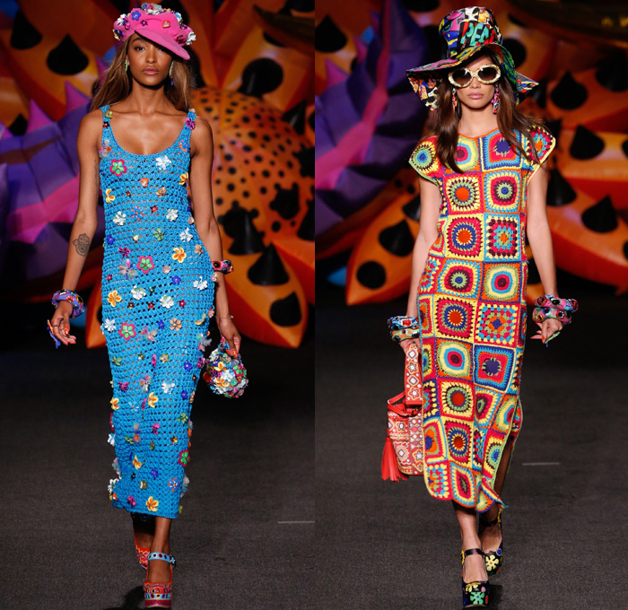 Moschino 2017 Resort Cruise Pre-Spring Womens Runway Catwalk Looks Collection - 1970s Seventies Hippie Tie-Dye Pop Art Animals Flowers Floral Embroidery Embellishments Adornments Bedazzled Jewels Chunky Knit Crochet Weave Boxing Shorts Crop Top Midriff Handbag Pumps Bangles Denim Jeans Cutoffs Boots Floppy Hat Beret Moto Biker Jacket Swimwear Bikini Purse Clutch Ornamental Stripes Tie Up Knot Lace Batwing Dress Leopard Tuxedo Jacket Pantsuit