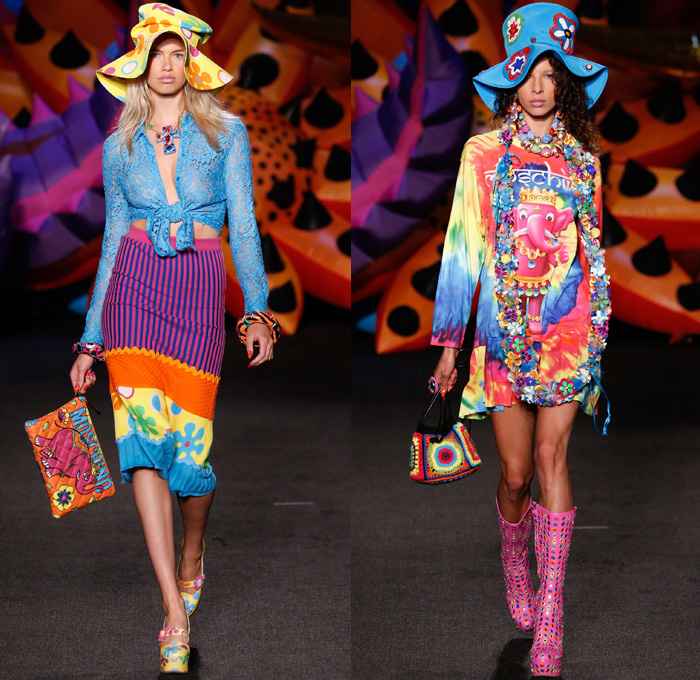 Moschino 2017 Resort Cruise Pre-Spring Womens Runway Catwalk Looks Collection - 1970s Seventies Hippie Tie-Dye Pop Art Animals Flowers Floral Embroidery Embellishments Adornments Bedazzled Jewels Chunky Knit Crochet Weave Boxing Shorts Crop Top Midriff Handbag Pumps Bangles Denim Jeans Cutoffs Boots Floppy Hat Beret Moto Biker Jacket Swimwear Bikini Purse Clutch Ornamental Stripes Tie Up Knot Lace Batwing Dress Leopard Tuxedo Jacket Pantsuit